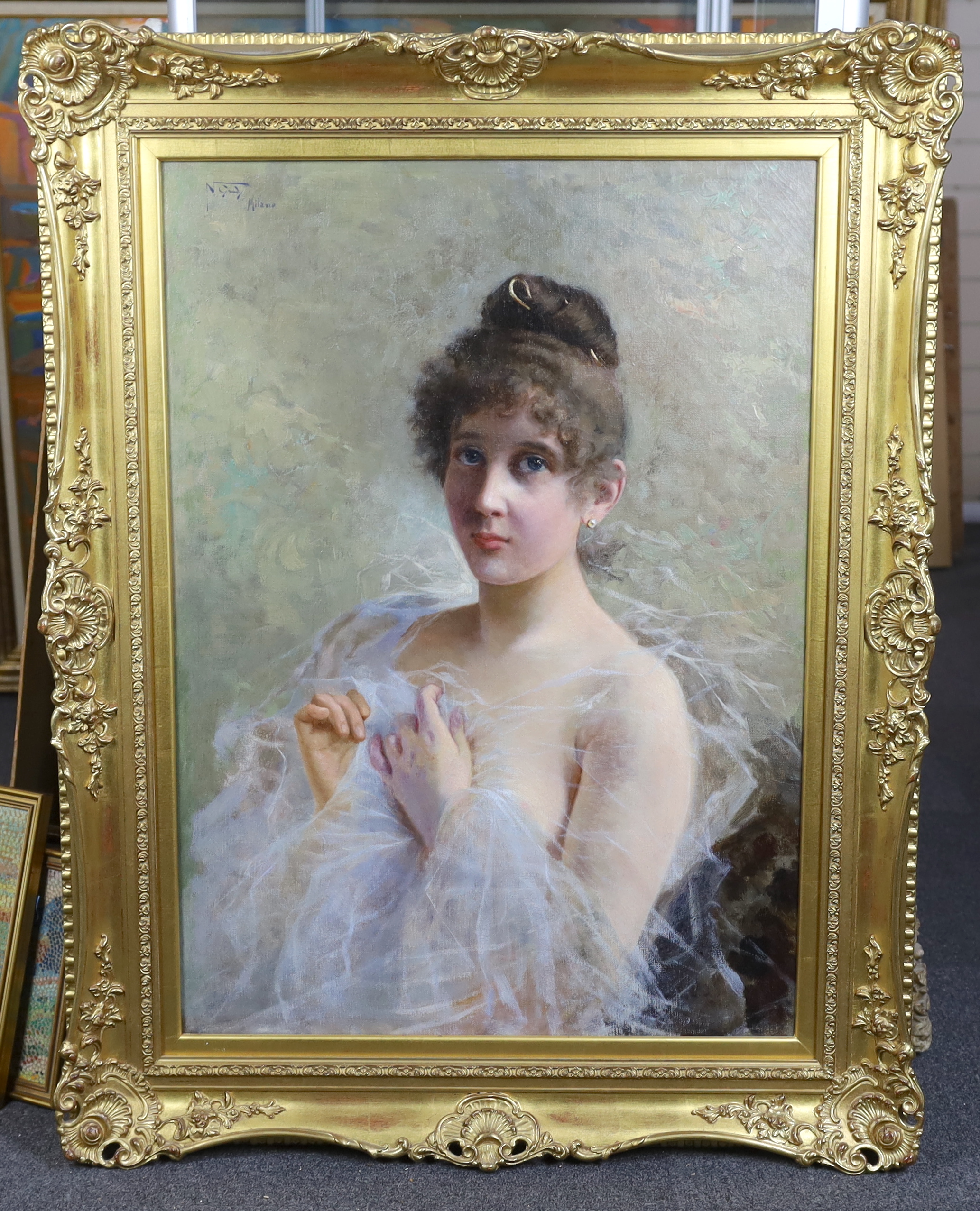 Luigi Napoleone Grady (Italian, 1860-1949), Beauty wearing a diaphanous gown, oil on canvas, 78 x 56cm